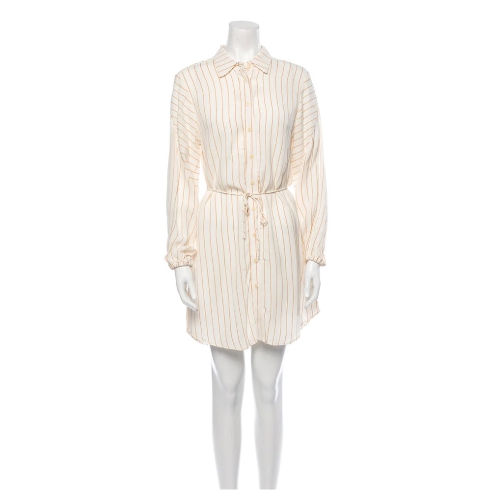 REFORMATION Viscose Shirt Dress Mini Yellow Stripe Tie Waist Long Sleeve